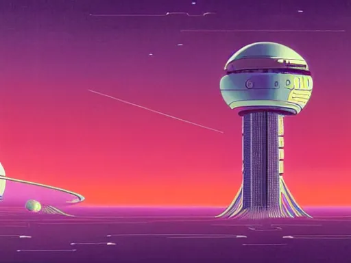 Image similar to a scifi illustration, hyper detailed external view of a space elevator. cinematic wide angle composition. flat colors, limited palette in FANTASTIC PLANET La planète sauvage animation by René Laloux