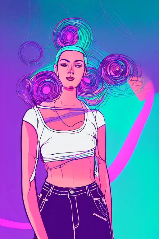 Image similar to a award winning half body portrait of a beautiful woman in a croptop and cargo pants with ombre purple pink teal hairstyle and hands in pockets by ari liloan, surrounded by whirling illuminated lines, outrun, vaporware, shaded flat illustration, digital art, trending on artstation, highly detailed, fine detail, intricate