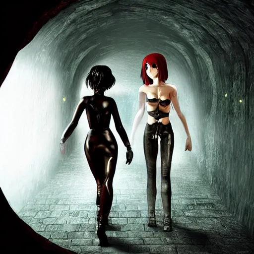 Image similar to a boy victim being intimidated by a succubus in a leather suit, devi wings, cracked brick wall, long hallway, light at the end of the tunnel, volumetric lighting, concept art, detailed, dramatic lighting, by hayao miyazaki