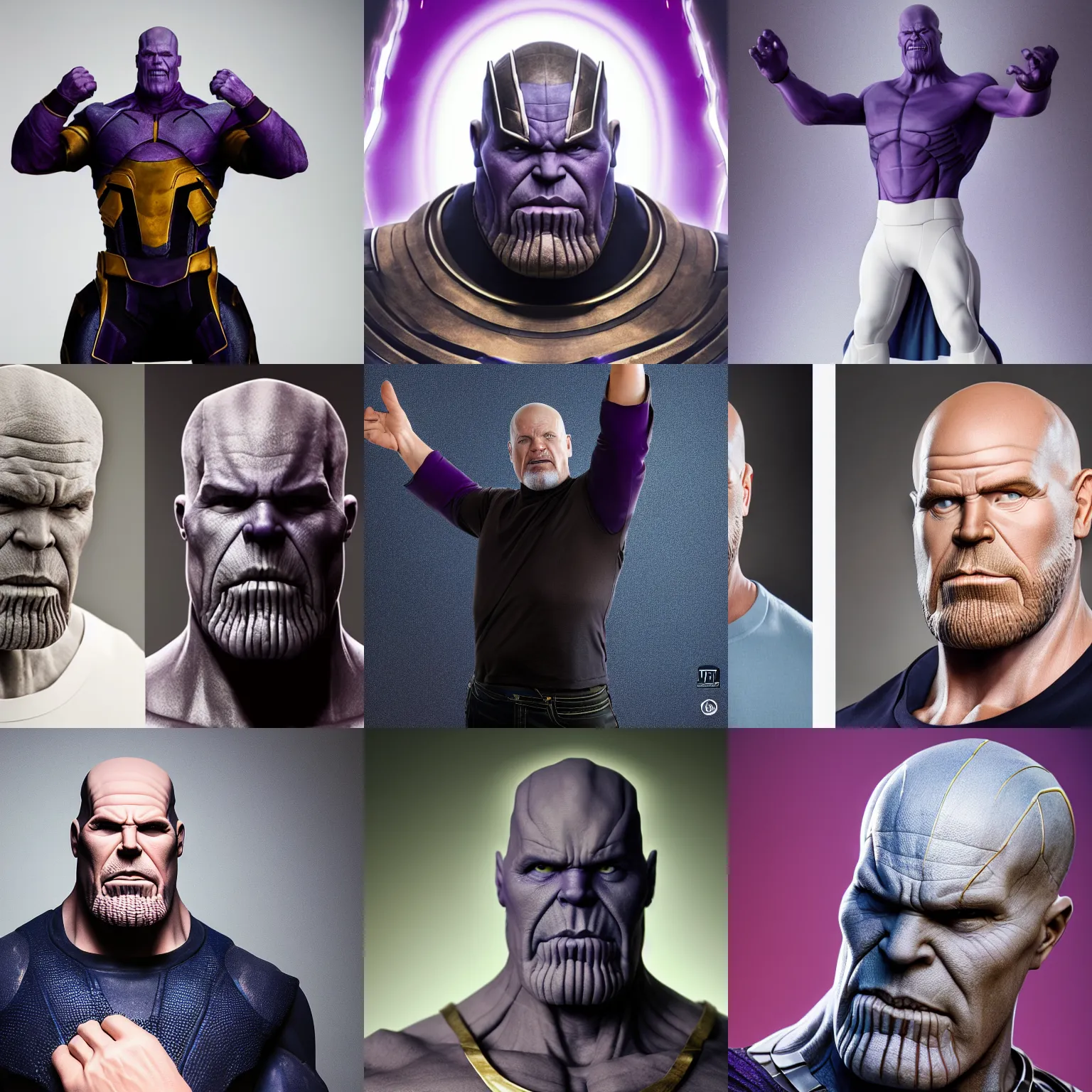 Prompt: dlsr photo of thanos as a white man white man white man white man white man with bowl cut taken in studio lighting