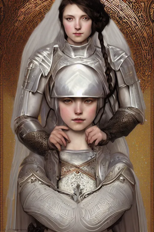 Image similar to beautiful and victorian and holy and divine and elite young medieval female white armor knight portrait +shinny eyes+front face with light flowing hair, ultradetail face, art and illustration by tian zi and craig mullins and WLOP and alphonse mucha, fantasy, intricate complexity, human structure, human anatomy, fantasy character concept, watermark, blurry, hyperrealism 8k