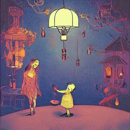 Prompt: a young child playing with a lantern while their parents enjoy a glass of wine, by joe fenton and mark rothko, victo ngai, style of concept art world, 6 0 s kitsch and psychedelia, crimson