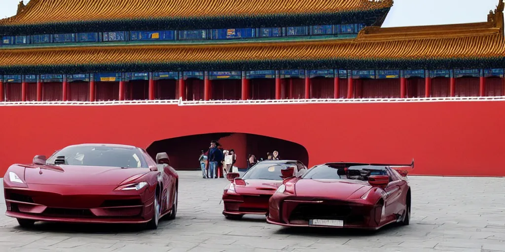 Image similar to a supercar running in the forbidden city