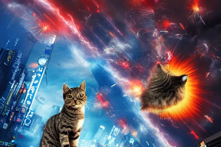 Image similar to cat attacking Tokyo, disaster movie poster, masterpiece, masterwork, cgstudio