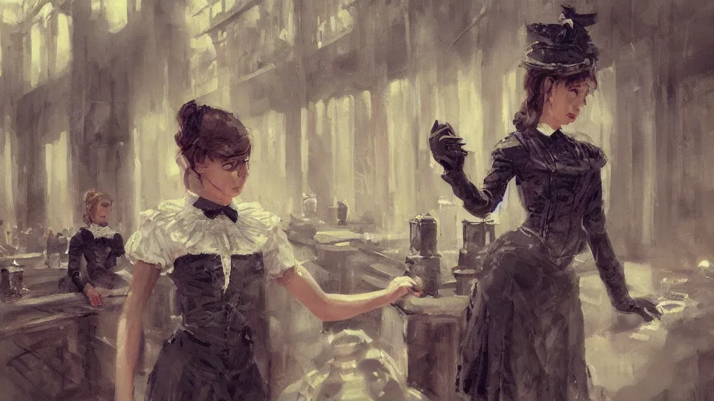 Prompt: thousands of clones of a Victorian maid, dystopia, fantasy, trending on art station, oil painting, concept art