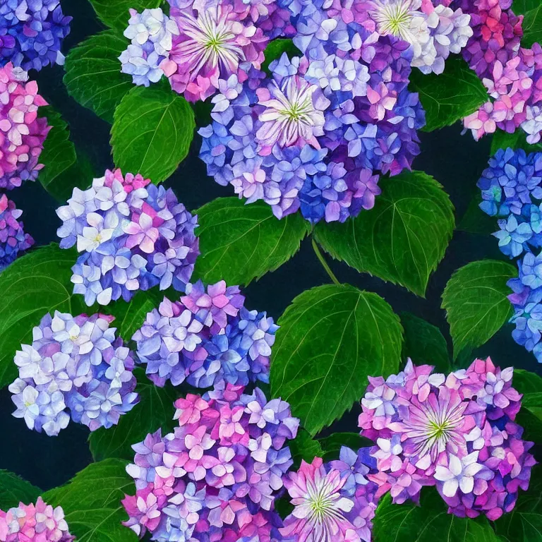 Prompt: a beautiful painting of hydrangea, clematis theme logo, clematis theme banner, clematis design, clematis in the deep sea, clematis like stars in the sky, hydrangea, trending on artstation, warm light, lovely and cute, fantasy art, 8 k resolution, highly detailed