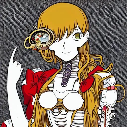 Image similar to anime manga skull portrait girl female skeleton illustration ren stimpy looneytoons art geof darrow and cuphead alphonse mucha pop art nouveau