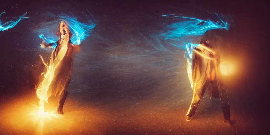 Image similar to VHS music video fisheye slow motion with lines of fire and smoke effect through a portal of futuristic break dancer wearing long dark cloak and golden helmet emitting fire and crystals, long exposure shot , enigmatic, at night half submerged by water, paddle of water, steam, fog, water splashes, rim lights, glossy reflections, water droplets on lens, octane render, Volumetric dynamic lighting, stunning cover magazine, high details, hajime sorayama