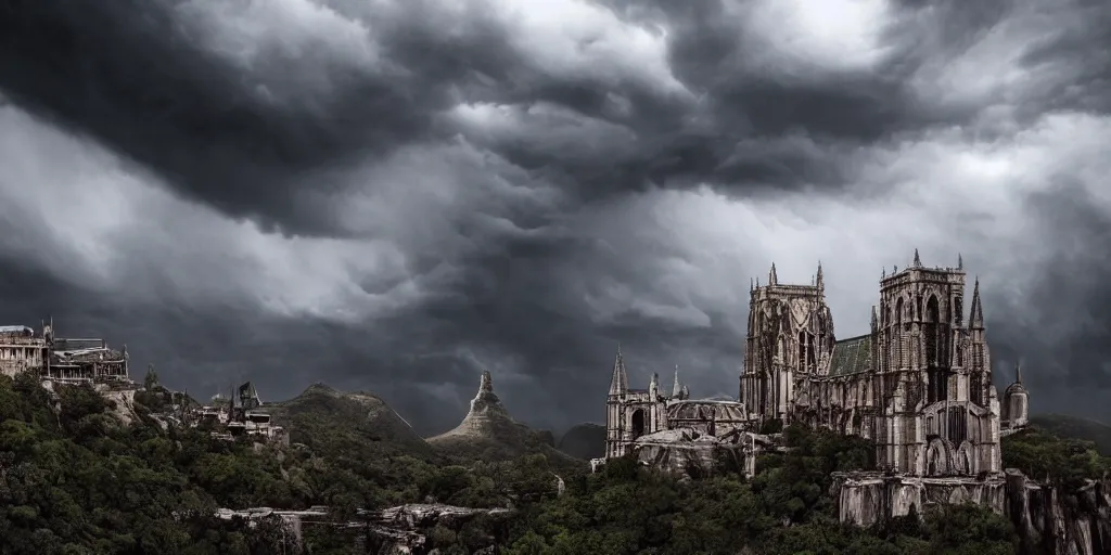 Image similar to dramatic film still of a cathedral by denis villeneuve, gothic architecture, top of a canyon, vultures, 24mm angle, studio ghibli and eddie mendoza, atmospheric, stormy, dramatic skies, moody, dark, cinematic, volumetric lighting, 8K