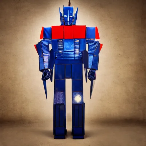 Prompt: A man dressed as Optimus prime, 8k, digital photograph