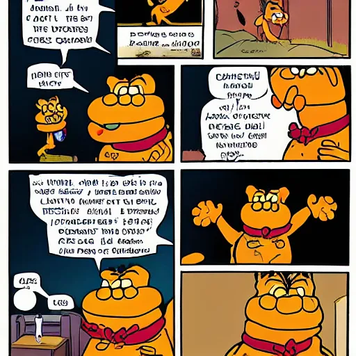 Prompt: garfield comic, garfield eats jon