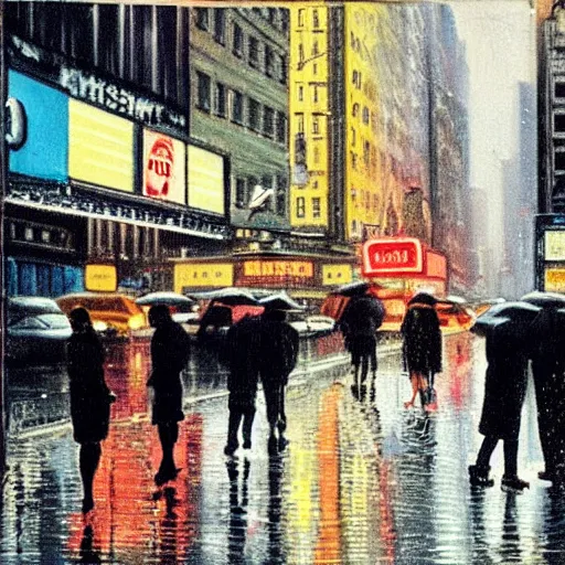 Image similar to a busy crosswalk on a rainy street in new york in the 1 9 6 0 ‘ s with lots of people walking around at night with advertisement neon lights on the buildings around it, painting eugene de la croix high detail, smooth, beautiful, aesthetic,