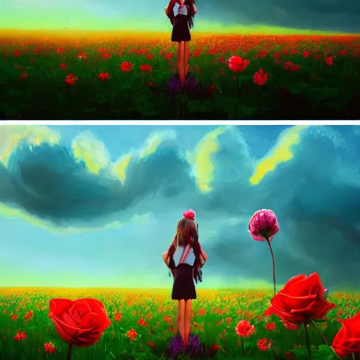 Image similar to giant rose flower as a head, full body girl sitting in a flower field, surreal photography, sunrise, dramatic light, impressionist painting, colorful clouds, digital painting, artstation, simon stalenhag