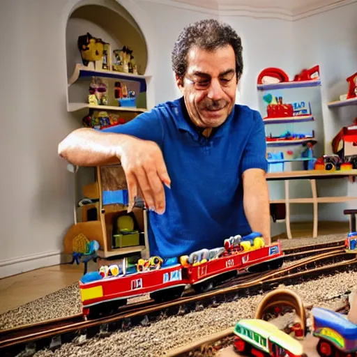 Image similar to alfredo perez rubalcaba playing with train toys