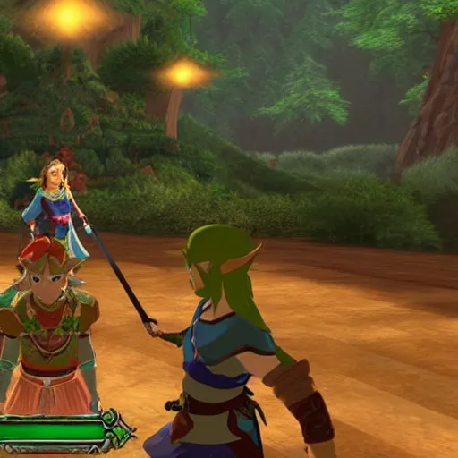 Prompt: link, ganon and zelda in the sacred realm reaching for the triforce ; high quality ; 4 k