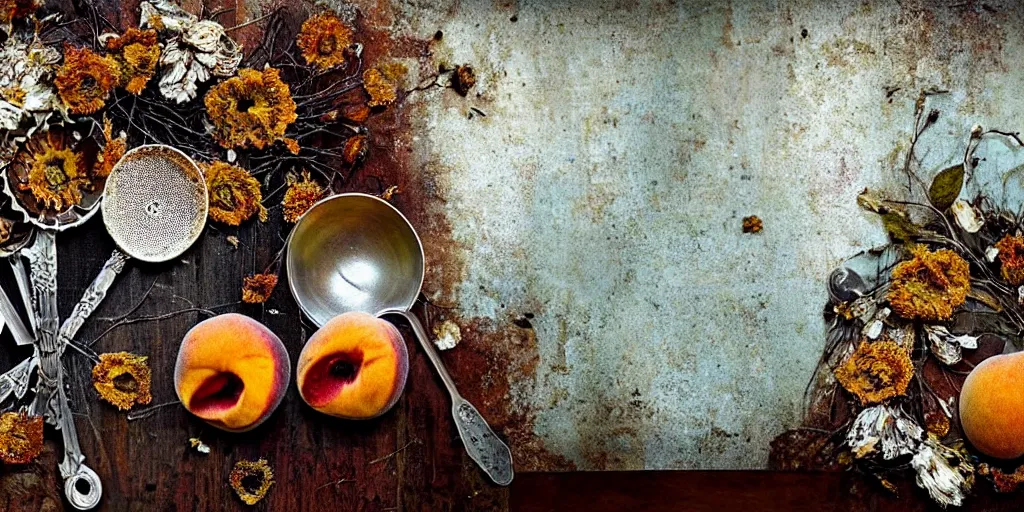 Prompt: decaying rotting peaches, moldy, on an antique distressed table top, dried flowers, metal kitchen utensils, old kitchen backdrop, dark kitchen, style by peter lippmann, intricate detail,