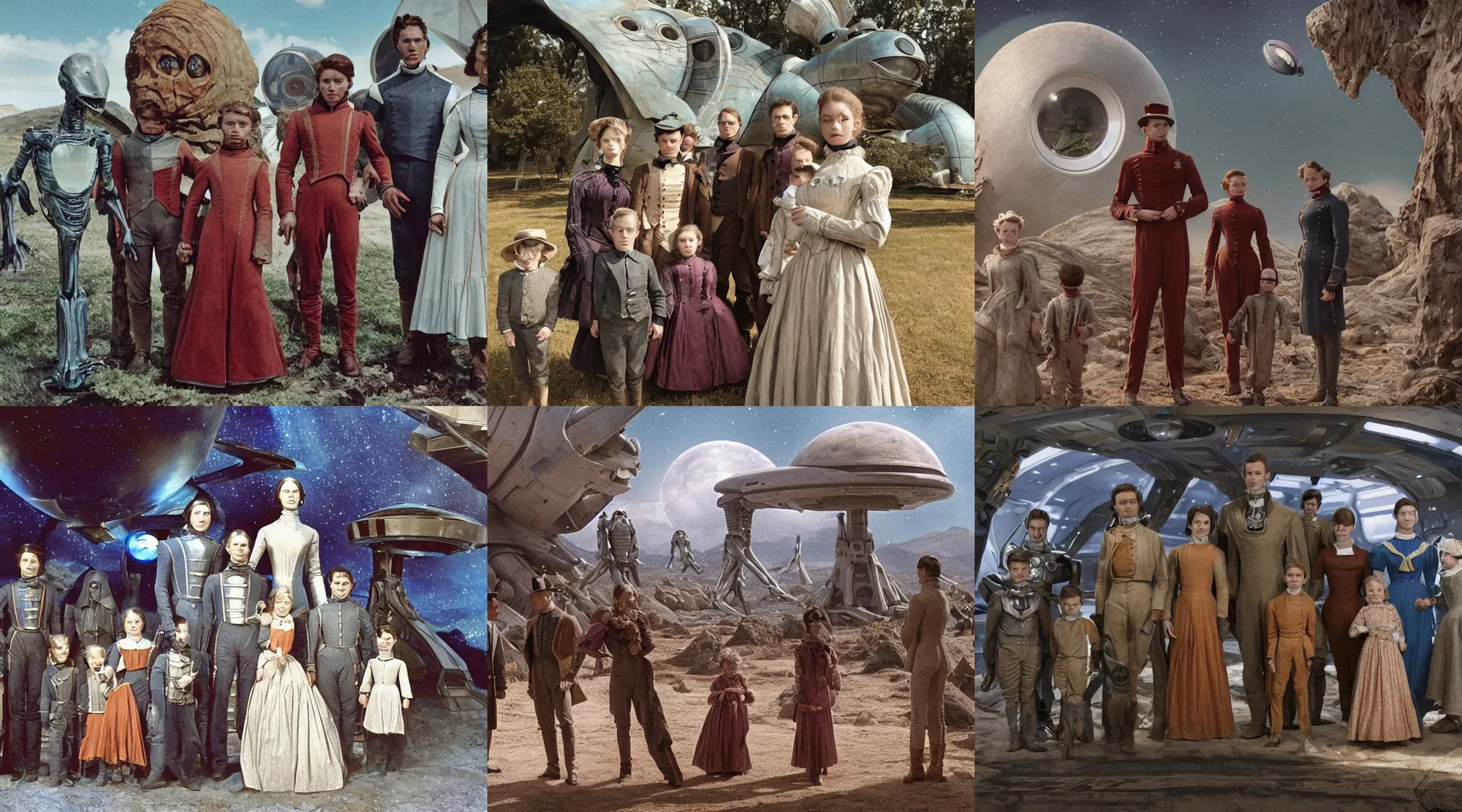 Prompt: sharp, highly detailed, 256k film still from a sci fi blockbuster color movie made in 2022, set in 1860, of a family standing in front of a spaceship that has just landed on an alien planet, a humanoid alien creature stands nearby, the family are all wearing 1850s era clothes, cinematic lighting, in focus faces, extremely good lighting, winner of seven oscars