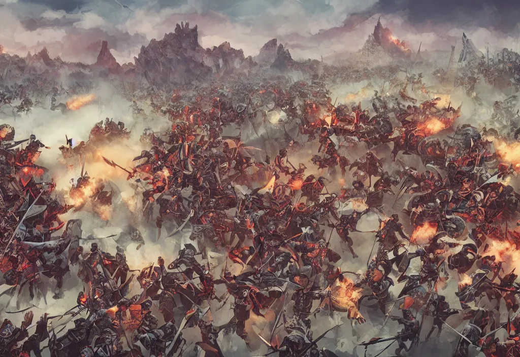 Image similar to handmade illustration of a big medieval battle, line art, ink, heavy brushstrokes, watercolor by Kilian Eng and by Jake Parker, winning-award masterpiece, fantastic, octane render, 8K HD Resolution, High quality image