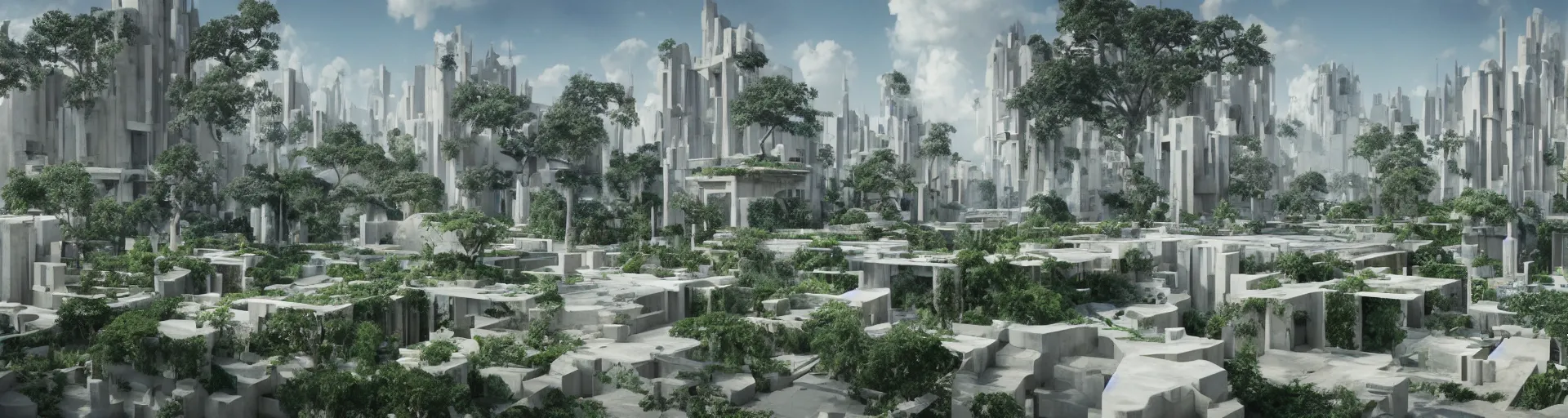 Image similar to geometric hanging garden based on the design of versailles in a megacity made of travertine brutalist temples, group of monks in blue robes wandering in the garden, large aluminum space elevators in the distance, sci-fi, blue sky with clouds, optimistic matte painting, concept art, style by syd mead, 8k, octane render