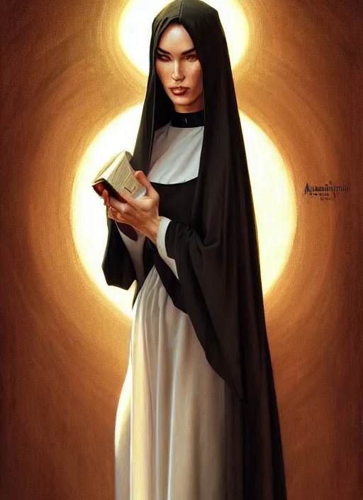 Image similar to portrait of megan fox as nun, bible, church, catholic, christian, intricate, headshot, highly detailed, digital painting, artstation, concept art, sharp focus, cinematic lighting, illustration, art by artgerm and greg rutkowski, alphonse mucha, cgsociety