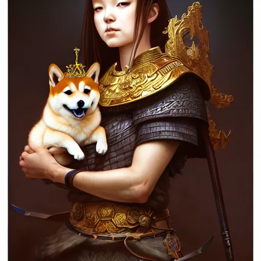 Image similar to portrait painting of a cute shiba inu warrior with crown, ultra realistic, concept art, intricate details, eerie, highly detailed, photorealistic, octane render, 8 k, unreal engine. art by artgerm and greg rutkowski and charlie bowater and magali villeneuve and alphonse mucha