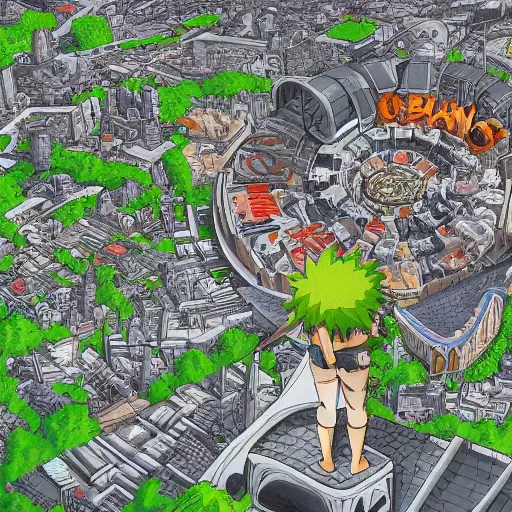 Image similar to berserk, naruto, city top view, high detail