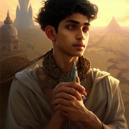 Image similar to illustration of a yemeni boy, d & d, fantasy, intricate, elegant, highly detailed, digital painting, artstation, concept art, smooth, sharp focus, illustration, art by artgerm and greg rutkowski and alphonse mucha