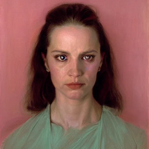 Image similar to frontal portrait of a delicate woman, looking with suspicion, in a pink room, by donato giancola.