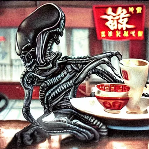Image similar to xenomorph alien drinking chinese tea in a chinese tea house
