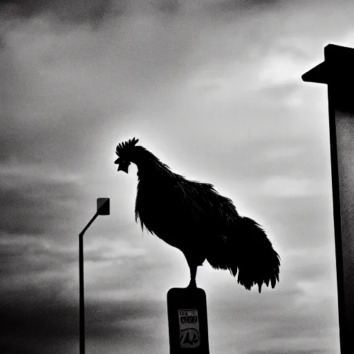 Image similar to dramatic photo of an emo chicken sitting at a bus stop, heartbreaking, emotional, black and white, focal point, closeup, inspirational.