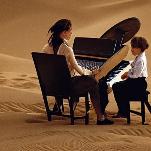 Image similar to UHD candid photo of The Mummy playing piano, with accurate wrappings, UHD, photorealistic, correct sand dune, real piano, photo by Annie Leibowitz