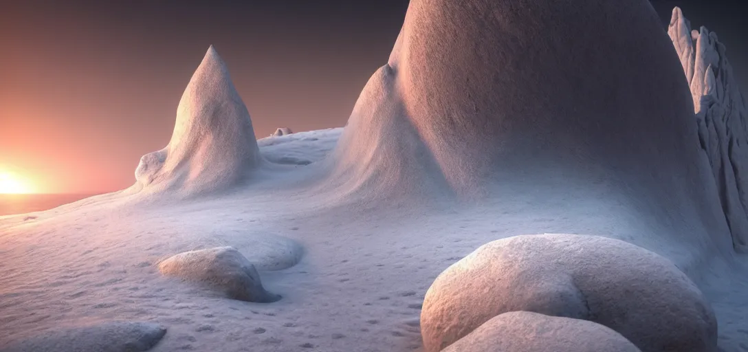 Image similar to octane render uhd, filmic lighting, cinematic art shot, hyperrealistic, hyperdetailed, super detailed, 8 k, high resolution, sandy white moon landscape, white rocks made of bone, 8 k uhd matte painting by ross tran and ivan aivazovsky, mega high white mountain, midnight