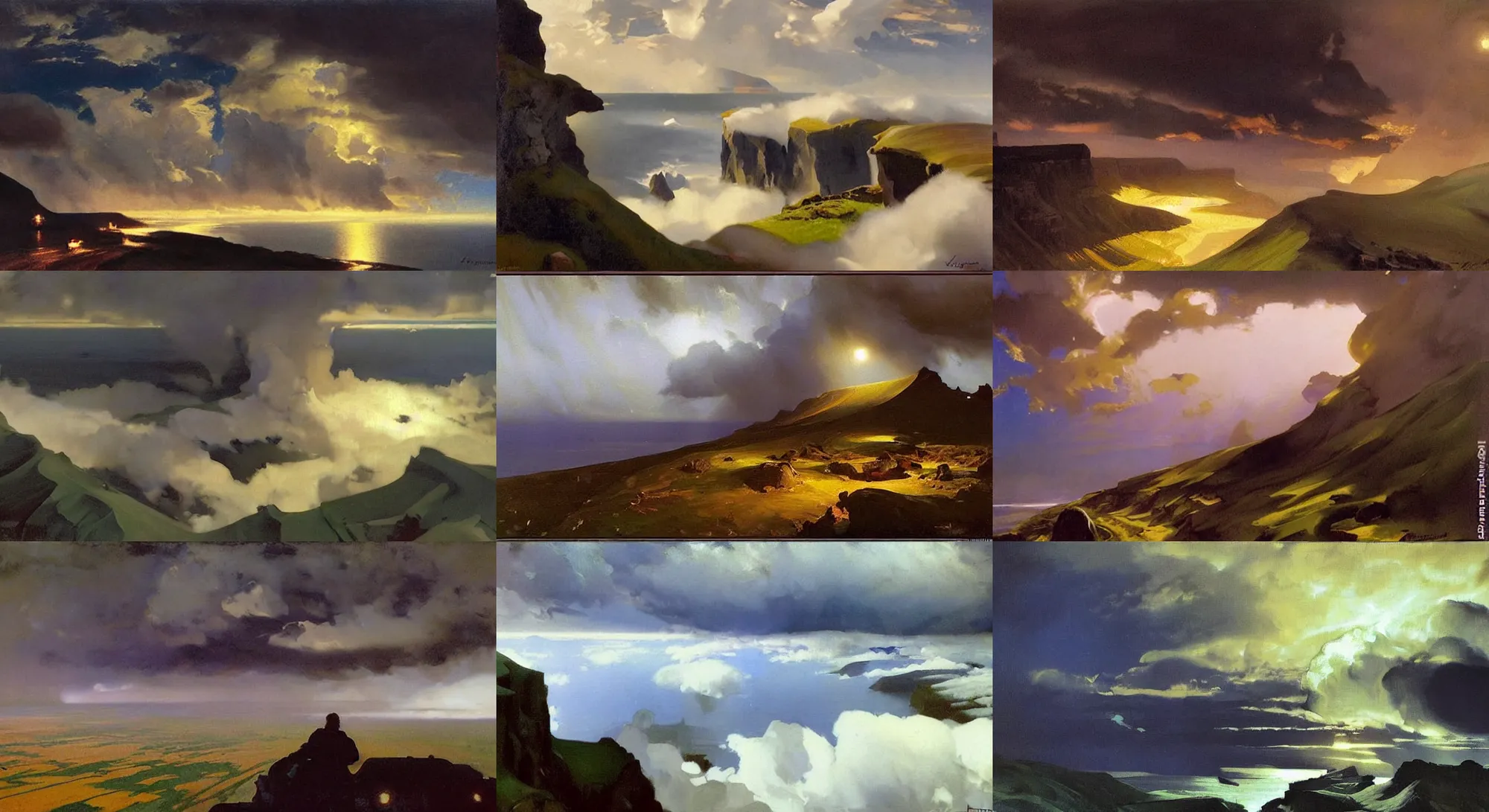 Prompt: painting by sargent and leyendecker and greg hildebrandt savrasov levitan gorgeous fantasy landscape deep dark night moonlight above the layered low clouds on madeira faroe azores iceland black coast overcast storm wide angle view from above masterpiece
