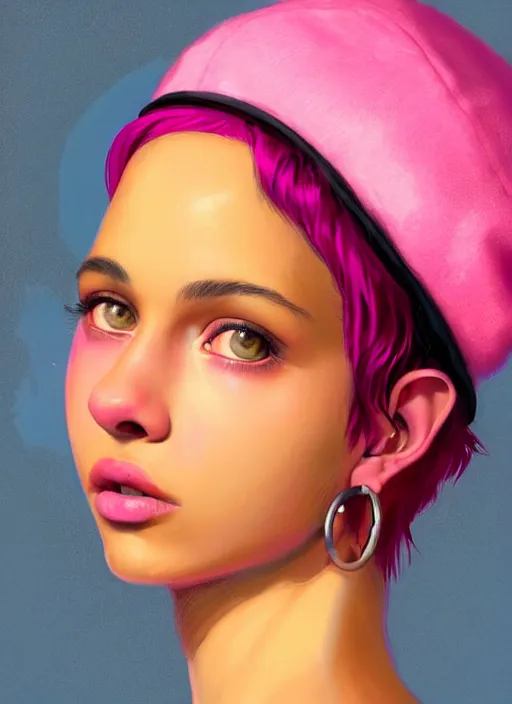 Image similar to portrait of teenage vanessa morgan with bright pink hair, black girl, curly pixie cut hair, wearing newsboy cap, pink short haircut, newsboy cap, hoop earrings, blue eyes, intricate, elegant, glowing lights, highly detailed, digital painting, artstation, concept art, smooth, sharp focus, illustration, art by wlop, mars ravelo and greg rutkowski