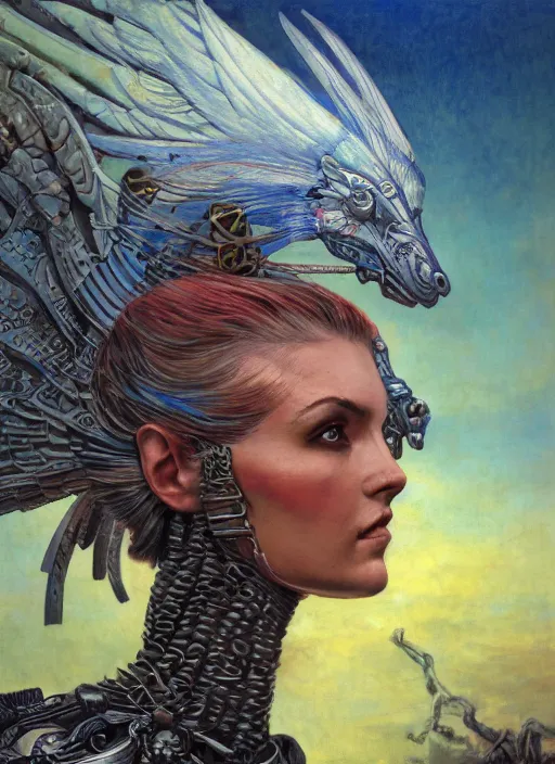 Image similar to biblical diabolical beautiful female valkyree android, on a pegasus, jump, heavy eyes to the side, closeup, bright glowing veins, in clouds, rain, sunset, portrait, by gerald brom, by mikhail vrubel, by peter elson, muted colors, extreme detail, reflections, trending on artstation, 8 k