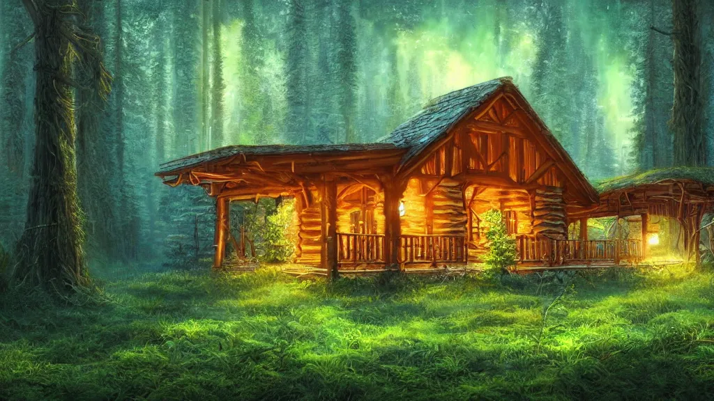 Image similar to portrait of an ethereal log cabin made of golden blue and green light, evergreen forest, divine, cyberspace, mysterious, dark high-contrast concept art