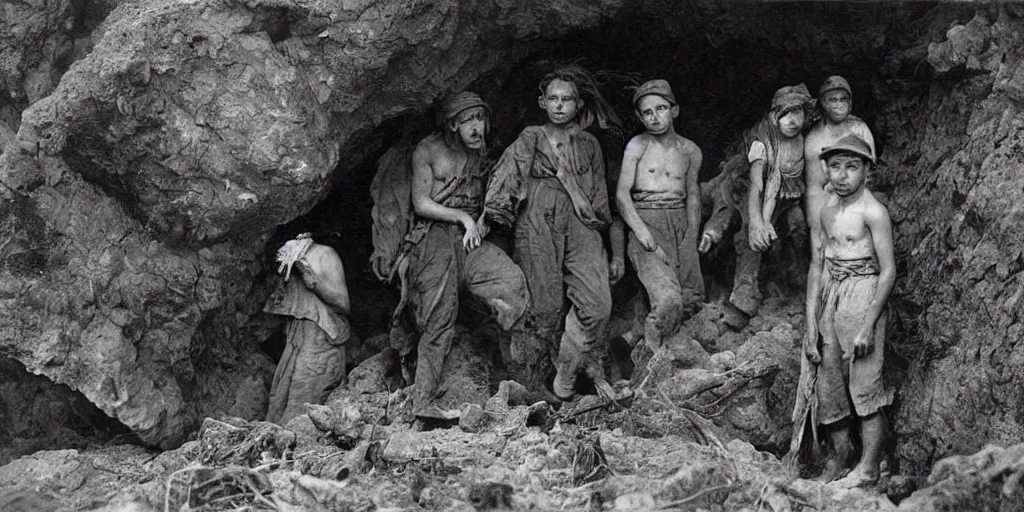 Image similar to explorers looking fearful as something emerges from a dark cave, 1 9 0 0 s photograph