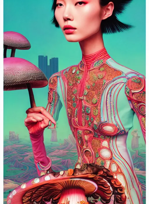 Image similar to pretty chinese model with futuristic mushroom : : by martine johanna and simon stalenhag and chie yoshii and casey weldon and wlop : : ornate, dynamic, particulate, rich colors, intricate, elegant, highly detailed, vogue, harper's bazaar art, fashion magazine, smooth, sharp focus, 8 k, octane render,