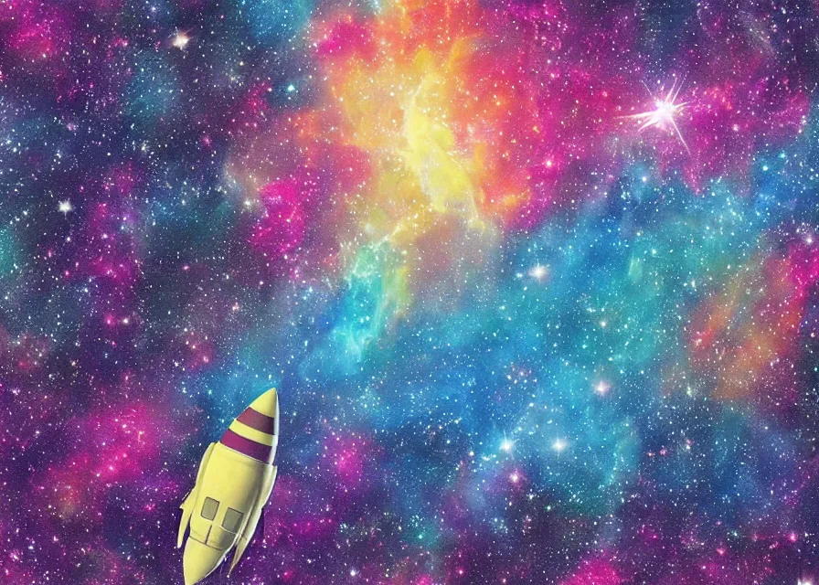 Image similar to rocket ship flying over huge and colorful nebula, pastels