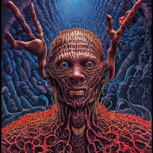 Prompt: a grand scale matte painting of a skinned man in hell by clive barker and alex grey and michael whelan