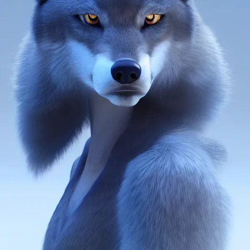 Prompt: 3 d render, well toned, female anthropomorphic wolf, blue fur with white spots, clothed.