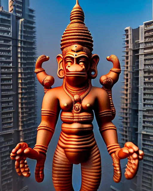 Prompt: high quality 3 d futuristic biomorphic hanuman! head building in mumbai!! centre, highly detailed, cinematic smooth, berenice abbott & john j. park, dramatic warm morning light, wide shot, high angle, uhd 8 k, sharp focus