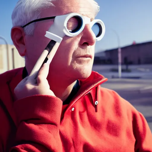 Prompt: young man in red jacket and white shirt, white hair, round goggles, smoking cigarette, character portrait, sharp focus, 4 k