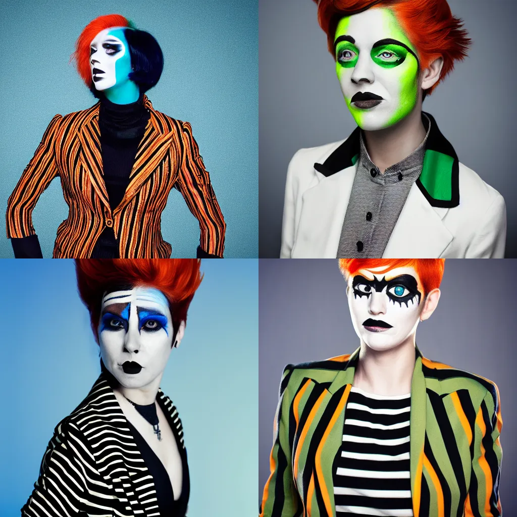 Prompt: portrait of a woman with green black and white face paint and short orange hair wearing a black and white striped blazer, background is a blue to black gradient, top down spotlight lighting, ultrapop, the armed by Cédric Peyravernay