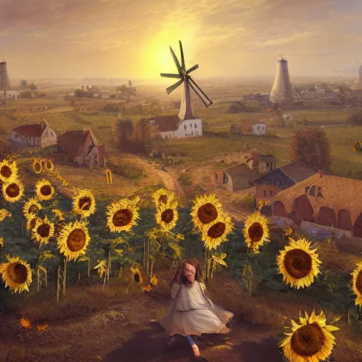 Image similar to a portrait of an sunny town full of sunflowers and villages and an windmill in the middle, Matte painting , detailed painting, made by Greg Rutkowski, 4k resolution, atmospheric, extremely high detail