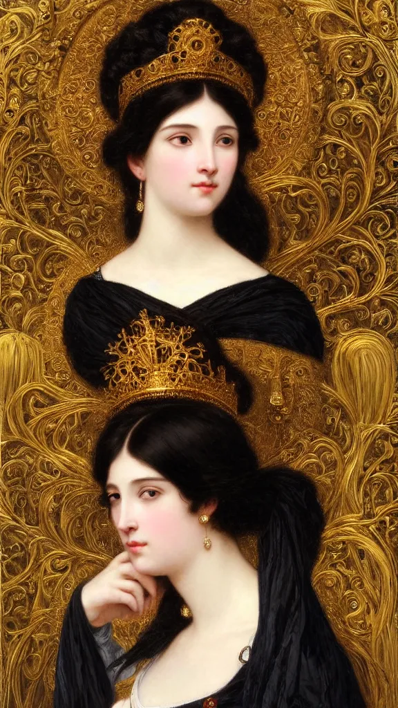 Image similar to painting portrait of a beautiful black haired woman with pale skin and a crown on her head sitted on an intricate metal throne, intricate, elegant, digital painting, smooth, sharp focus, shiny gold, realistic gold, realistic metal, by william - adolphe bouguereau and gustav klimt,