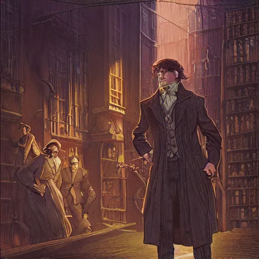 Prompt: Waynes Haberdashery from the Book Series Mistborn Illustrated by Michael Whelan