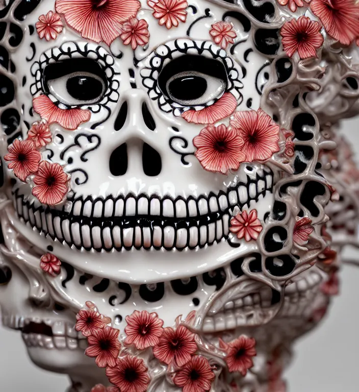 Prompt: La Catrina pretty face, A Close up photo-real delicate ceramic porcelain sculpture of a symmetrical ornate detailed in front of an intricate background by Victo Ngai and takato yamamoto, micro detail, backlit lighting, face in focus, subsurface scattering, translucent, thin porcelain, octane renderer, colorful, physically based rendering, japanese pottery, trending on cgsociety