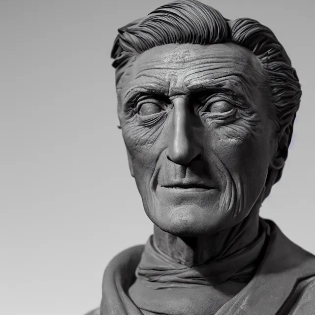 Prompt: photography of a bust of old Kirk Douglas made of clay by Sebastian Kruger and Michelangelo, 50mm, studio atmosphere, 8K, rim light, octane render, ultra-realistic