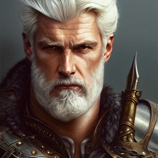 Image similar to portrait of a ruggedly handsome paladin, white hair, muscular, half body, leather, hairy, d & d, fantasy, intricate, elegant, highly detailed, digital painting, artstation, concept art, smooth, sharp focus, illustration, art by artgerm and greg rutkowski and alphonse mucha